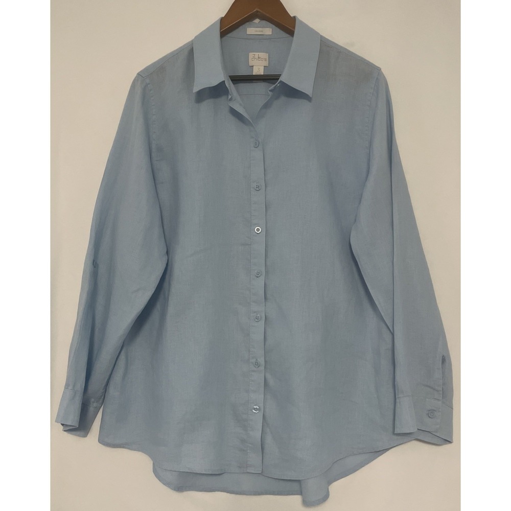 CHICOS 100% Linen Shirt Blouse Top Size 3 (16/18) Light Blue Button Down No Iron